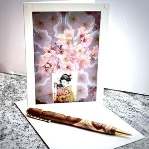 Fine Art Photography greeting card Asian pink cherry blossom bouquet in vase